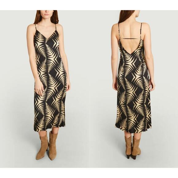 ba&sh Napi Dress Geo Print V Neck Backless Slip Midi Noir Black Tan NWT Large - Picture 1 of 15